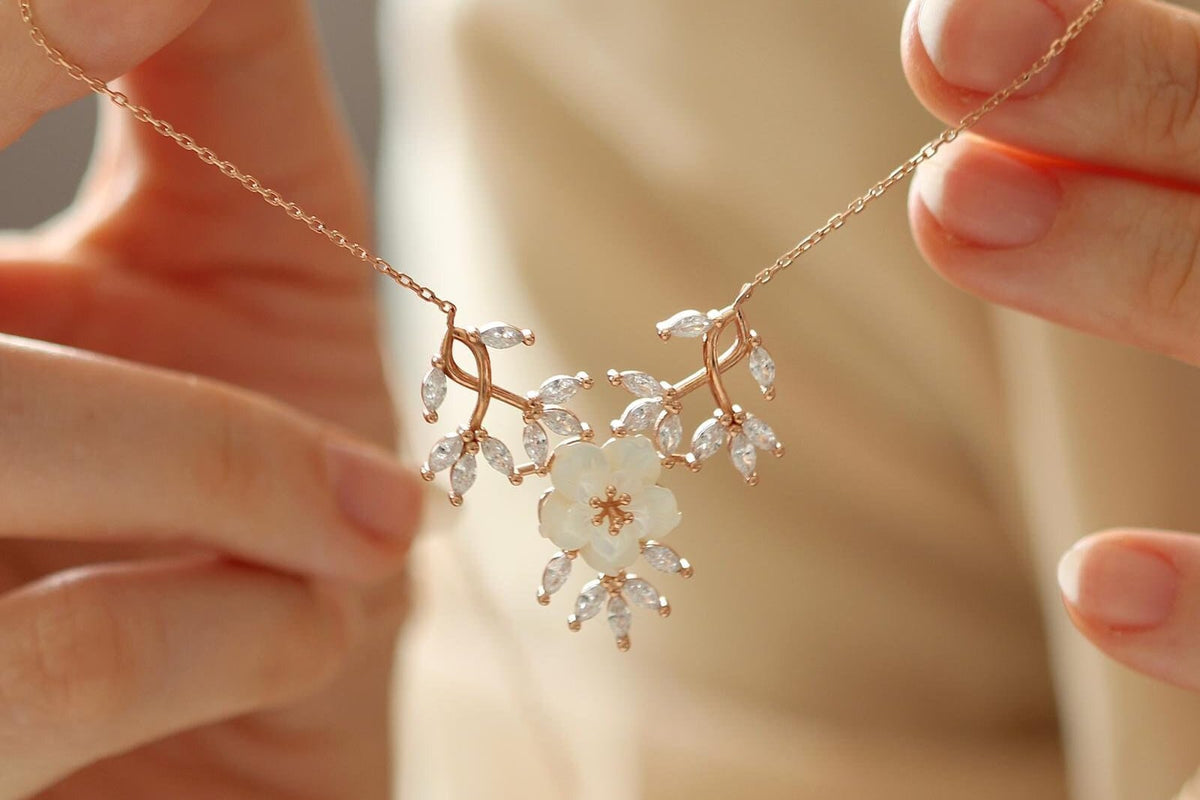 Sterling Silver Sakura Blossom Necklace: Mother of Pearl & Zircon Floral Pendant,