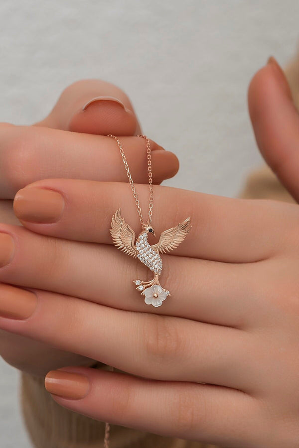 925K Silver Phoenix and Sakura Necklace: Rebirth Bird Pendant, Floral Phoenix Pendant