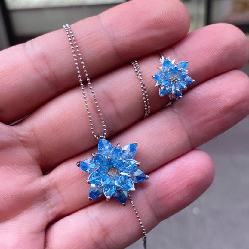 Aquamarine Lotus Jewelry Set: Minimalist Lotus Flower Jewelry Set in Sterling Silver & Solid Gold Options