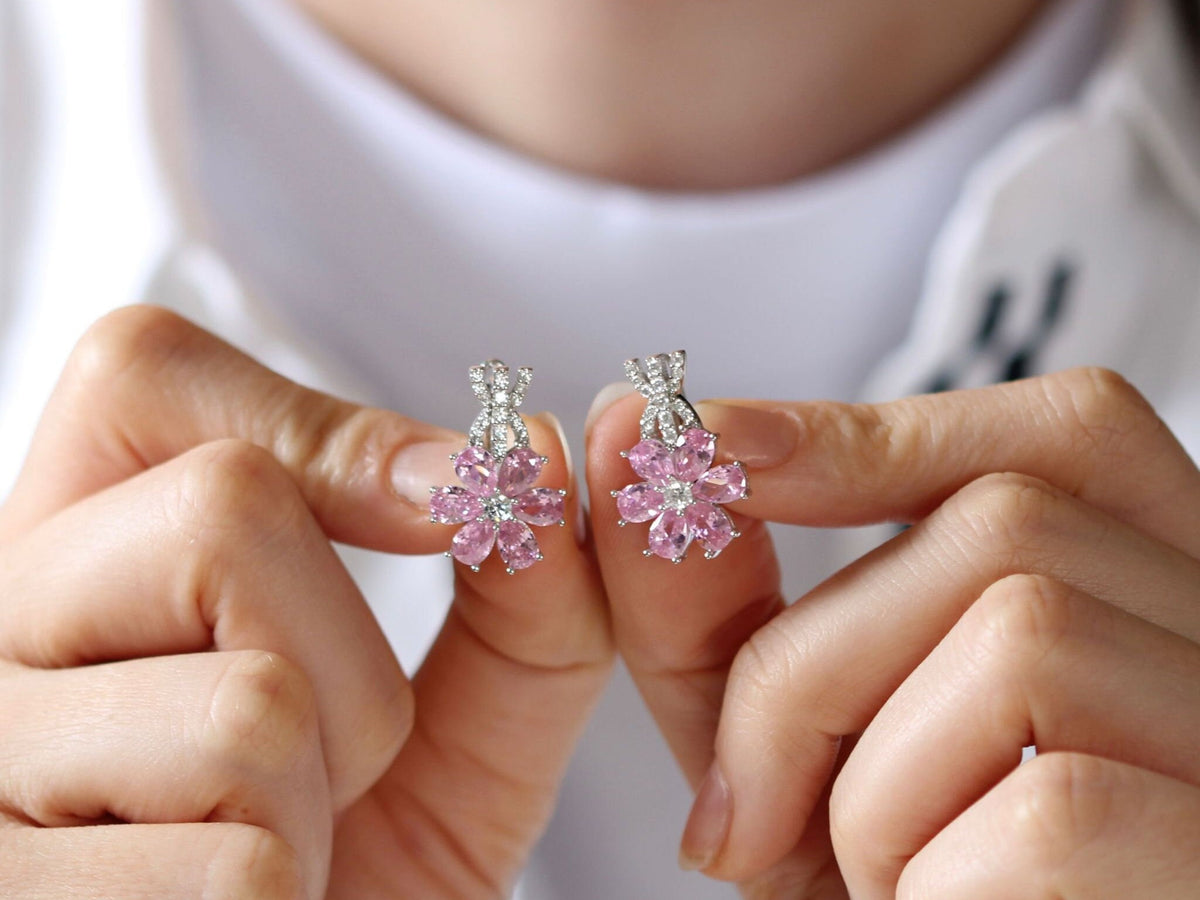 Gift For Mom 925K Sterling Silver Quartz Flower Stud Earrings: Pink Dainty Floral Studs, Pink Flower Earrings, Eda Yildiz SCK jewelry
