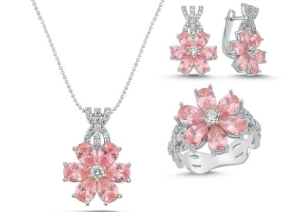 Pink Quartz Floral Jewelry Set: Hande Ercel Inspired Jewelry Set in 925K Silver & 14K Solid Gold,