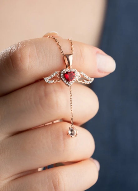 Solid Gold Ruby Angel Wings Necklace: Heart-Shaped Gemstone Pendant, Dainty Ruby Jewelry