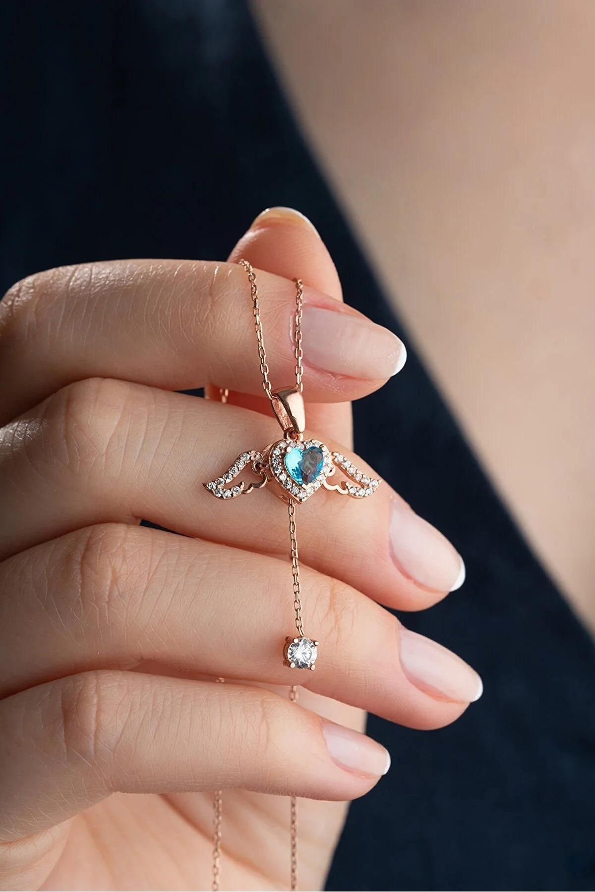 Aquamarine Angel Wing Heart Necklace: Dainty Guardian Angel Necklace, Gold Birthstone Heart Necklace