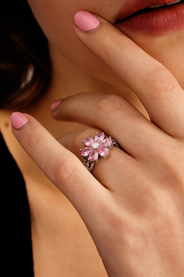 925 Sterling Silver Floral Pink Quartz Ring: Pink Gemstone Cottagecore Ring