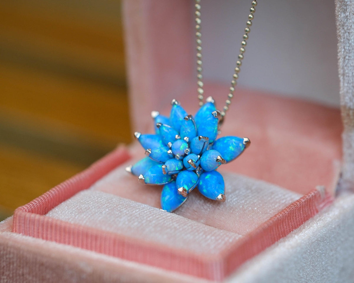 Opal Lotus Solid Gold Necklace: Handmade Nature Inspired Jewelry, Silver Lotus Flower Pendant Gift For Mom, Blue Lotus Floral Pendant