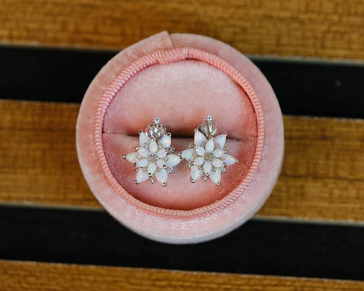 White Opal Lotus Earrings, Dainty Opal Stud Earrings, Flower Earrings Gift for Mom, October Birthstone Jewelry, Minimalist Floral Earrings