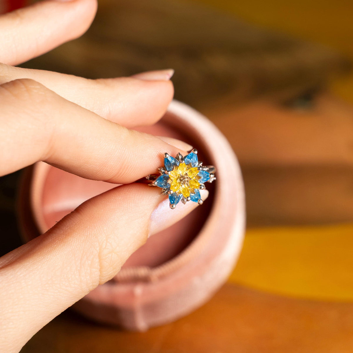Aquamarine Citrine Lotus Ring, Dual Birthstone Ring for Mom, Custom Birthstone Ring, Meaningful Gift for Her, Mother’s Day Gift