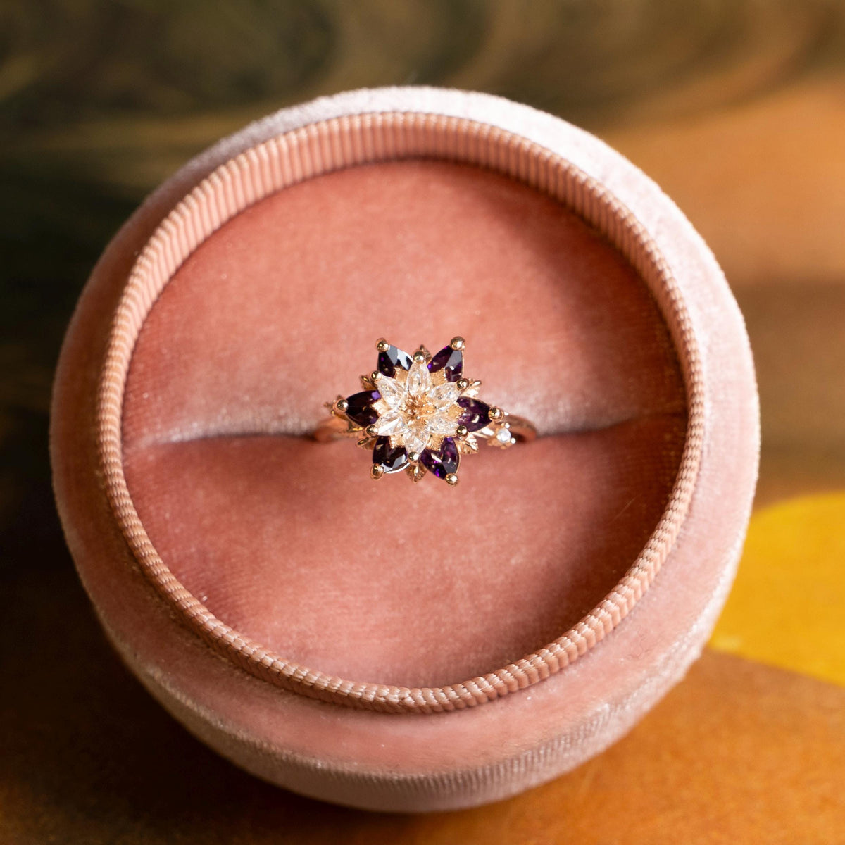 Gift for Mom Lotus Ring, Amethyst & White Zircon Ring, February Birthstone Flower Ring, Lotus Jewelry for Mother, Birthday Gift