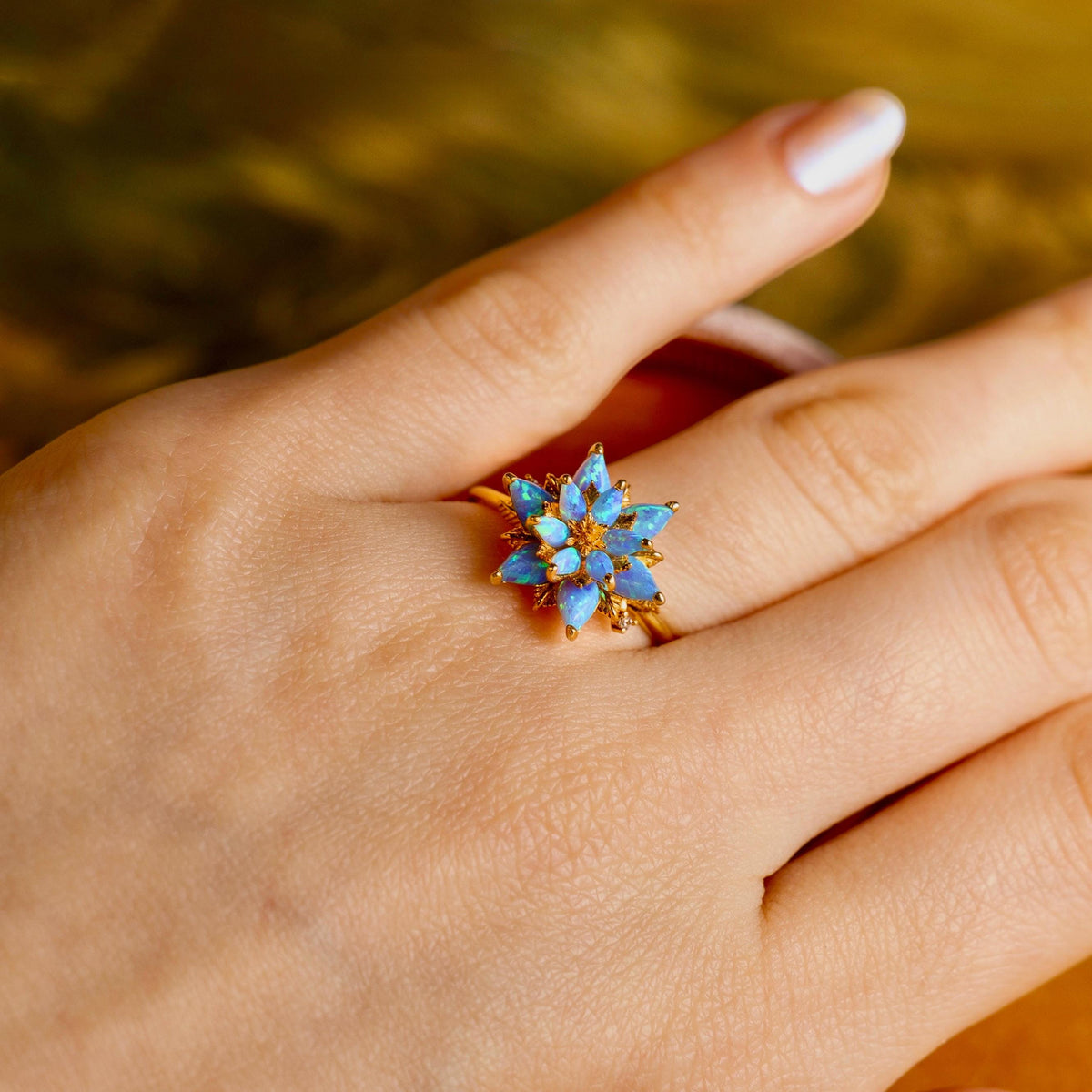 Blue Opal Lotus Ring, Ocean Blue Gemstone Ring, Unique Flower Ring, October Birthstone Ring, Gift for Mom Jewelry, Dainty Ring