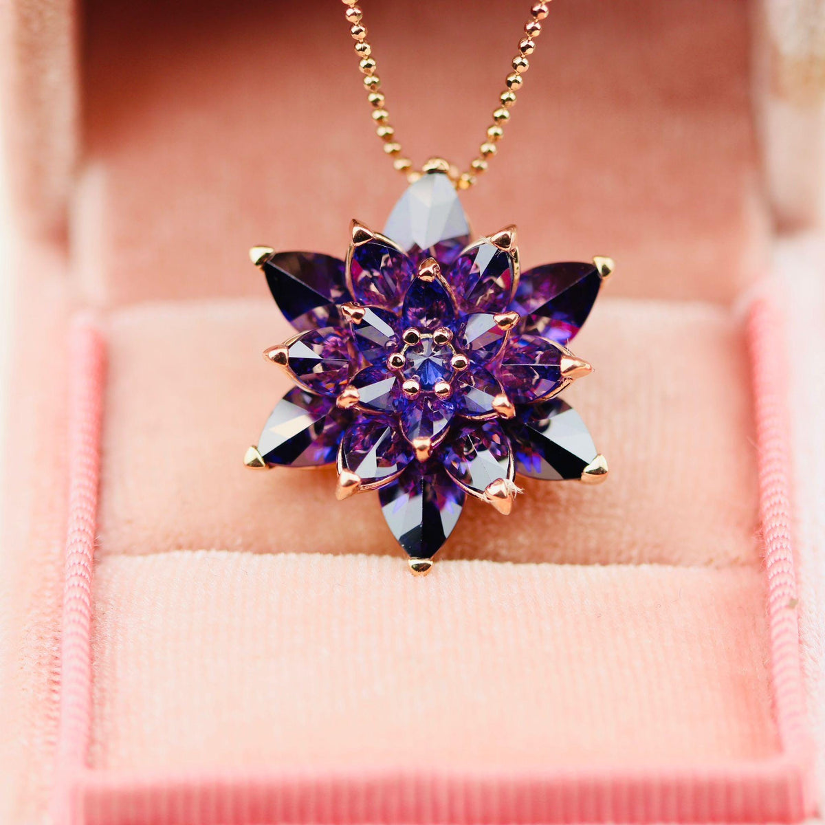Solid Gold Amethyst Lotus Necklace, 14K 18K 22K Gold, February Birthstone Necklace, Gift for Her, Luxury Lotus Pendant, Anniversary Gift
