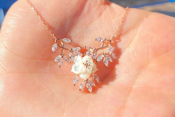 Sterling Silver Sakura Blossom Necklace: Mother of Pearl & Zircon Floral Pendant,