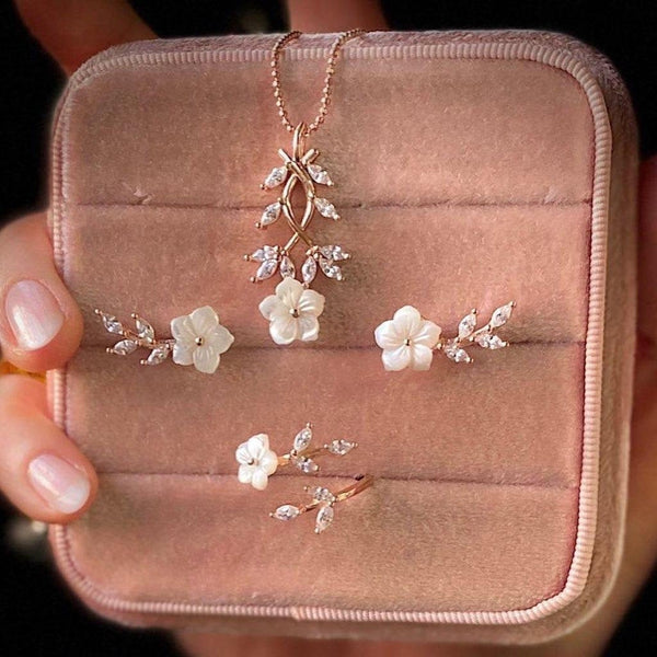 Sakura Engagement Jewelry Set in 925K Sterling Silver: Nature Inspired Cherry Blossom Jewelry Set Christmas Gifts Her