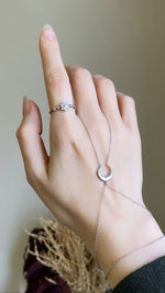 925K Silver Crescent Moon Hand Chain: Dainty Celestial Sahmeran Bracelet, Minimalist Harness Ring Valentines Day Gifts for Her
