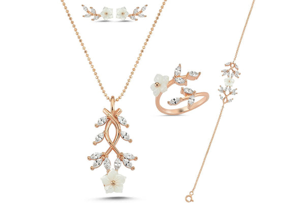 Sakura Engagement Jewelry Set in 925K Sterling Silver: Nature Inspired Cherry Blossom Jewelry Set Christmas Gifts Her