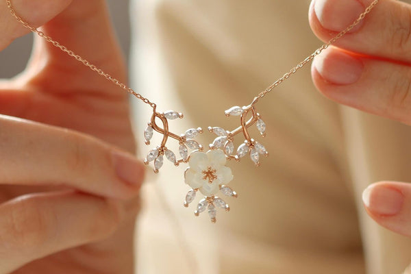 Sterling Silver Sakura Blossom Necklace: Mother of Pearl & Zircon Floral Pendant,