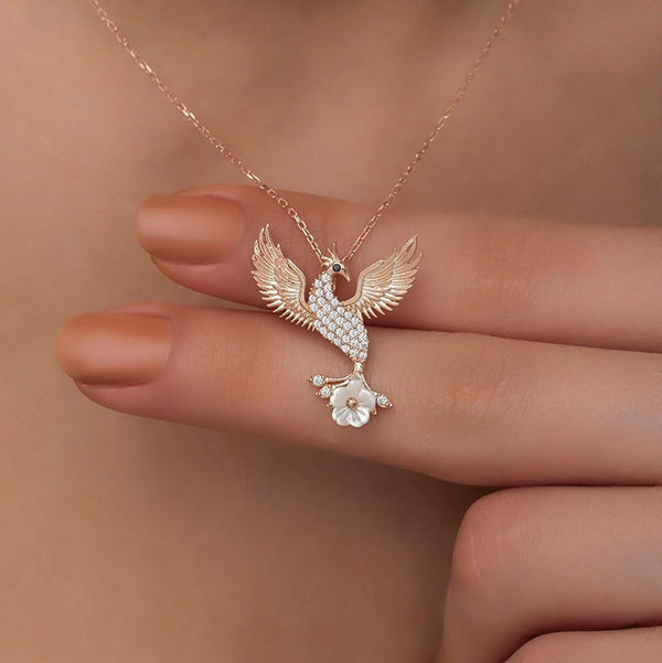 925K Sterling Silver Phoenix and Sakura Necklace: Mythical Creature Jewelry,