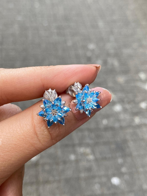 Aquamarine Lotus Earrings, March Birthstone Earrings, Blue Gemstone Flower Stud Earrings, Gift for Mom Jewelry, Dainty Floral Earrings