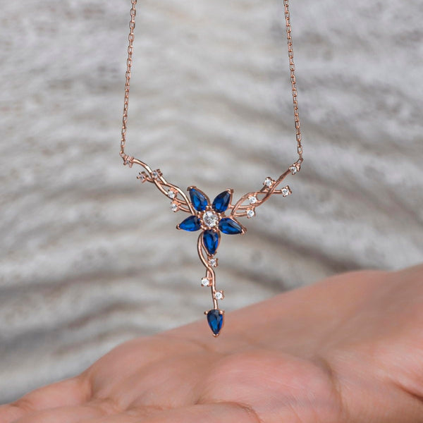 Genuine Sapphire Flower Necklace:  Rose Gold Floral Necklace, Birthstone Flower Pendants,
