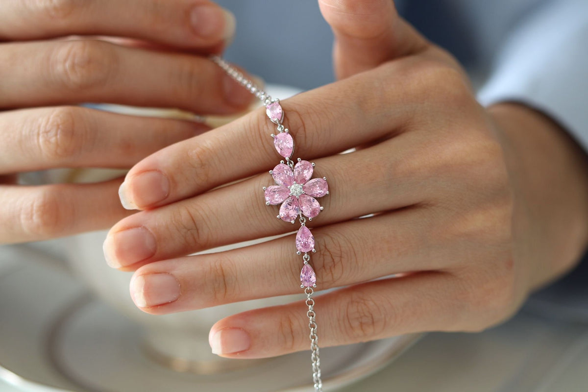 Rose Quartz Magnolia Flower Bracelet: Dainty January Birthstone Jewelry Available in Silver & Solid Gold