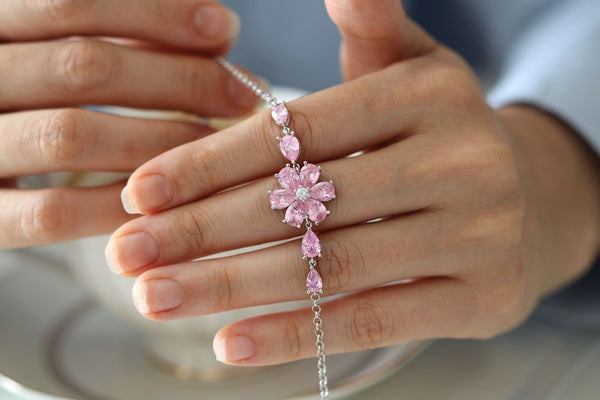 Rose Quartz Magnolia Flower Bracelet: Dainty January Birthstone Jewelry Available in Silver & Solid Gold