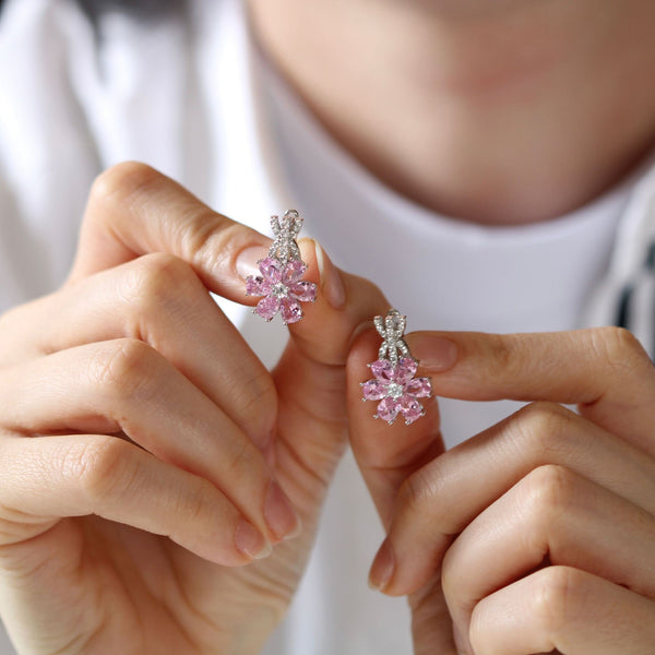 Gift For Mom 925K Sterling Silver Quartz Flower Stud Earrings: Pink Dainty Floral Studs, Pink Flower Earrings, Eda Yildiz SCK jewelry