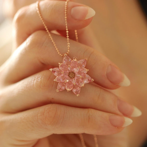 Pink Quartz Lotus Necklace Gift for Mom Meaningful Gift for Her Rose Quartz Necklace Anniversary Gift Girlfriend Birthday Jewelry