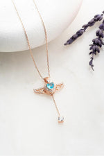 Aquamarine Angel Wing Heart Necklace:  Dainty Guardian Angel Necklace, Gold Birthstone Heart Necklace