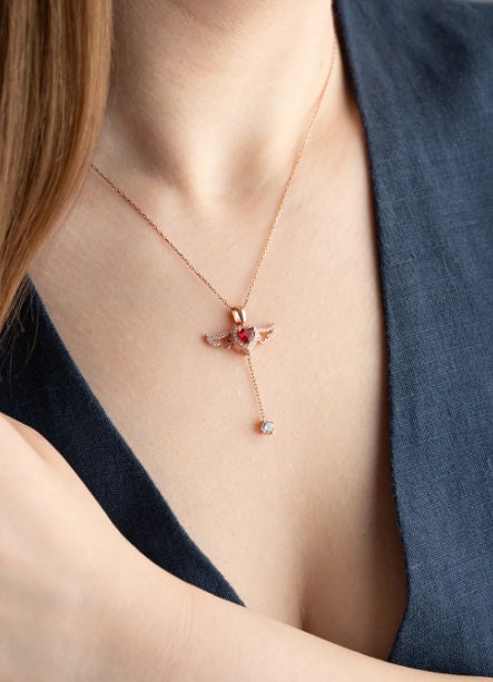 Solid Gold Ruby Angel Wings Necklace: Heart-Shaped Gemstone Pendant, Dainty Ruby Jewelry