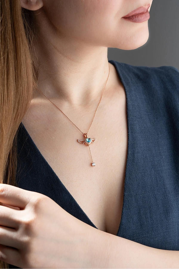 Aquamarine Angel Wing Heart Necklace:  Dainty Guardian Angel Necklace, Gold Birthstone Heart Necklace