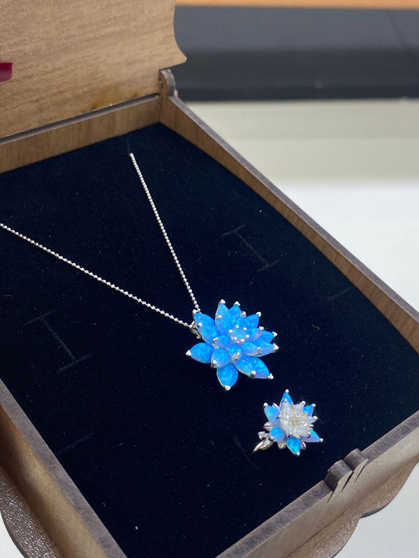 Australian Opal Necklace and Ring Set: Minimalist Lotus Flower Jewelry Set in Silver & Solid Gold