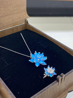 Australian Opal Necklace and Ring Set: Minimalist Lotus Flower Jewelry Set in Silver & Solid Gold