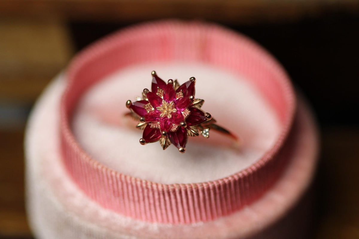 Garnet Lotus Ring, January Birthstone Ring, Red Gemstone Flower Ring, Romantic Dainty Ring, Gift for Mom Jewelry, Promise Ring,