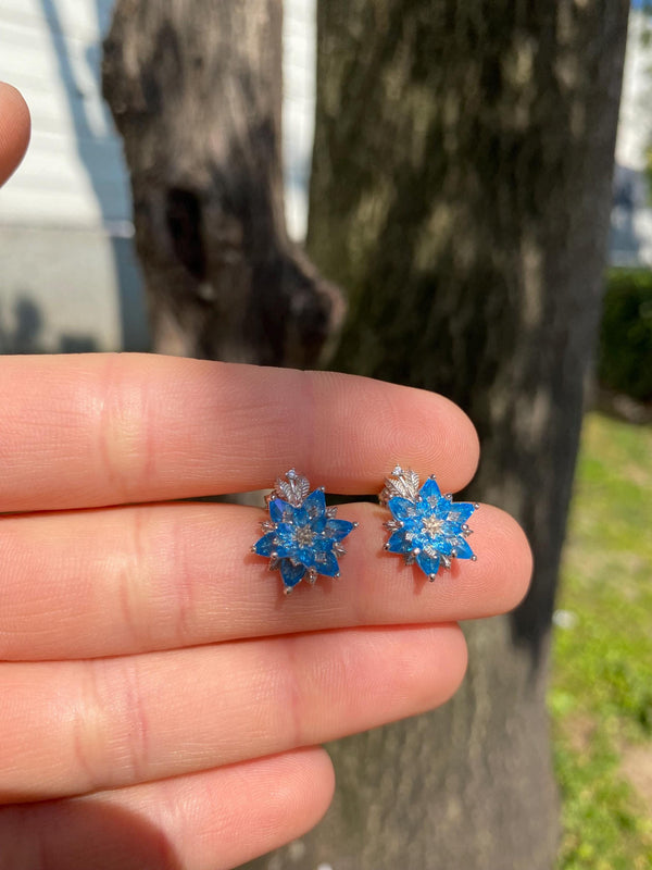 Aquamarine Lotus Earrings, March Birthstone Earrings, Blue Gemstone Flower Stud Earrings, Gift for Mom Jewelry, Dainty Floral Earrings