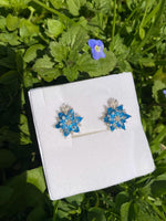 Aquamarine Lotus Earrings, March Birthstone Earrings, Blue Gemstone Flower Stud Earrings, Gift for Mom Jewelry, Dainty Floral Earrings