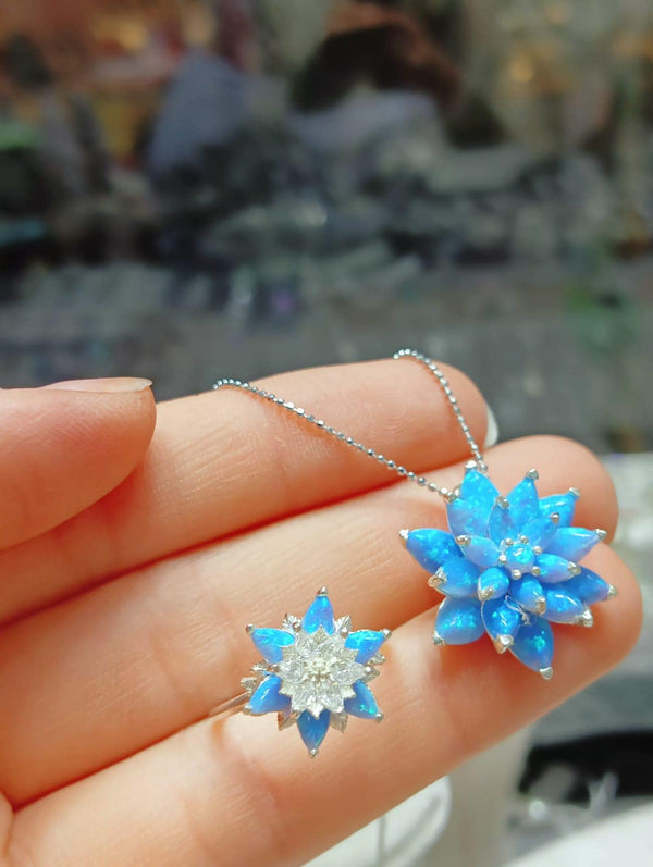 Australian Opal Necklace and Ring Set: Minimalist Lotus Flower Jewelry Set in Silver & Solid Gold