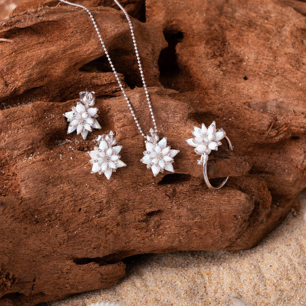 White Opal Lotus Jewelry Set: Lotus Necklace Earrings, Necklace & Ring Set with October Birthstone,