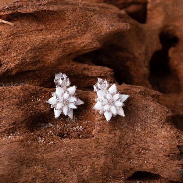 White Opal Lotus Earrings, Dainty Opal Stud Earrings, Flower Earrings Gift for Mom, October Birthstone Jewelry, Minimalist Floral Earrings