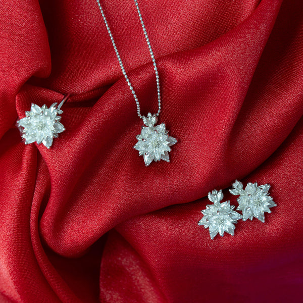 925K Sterling Silver Zircon Lotus Jewelry Set: Dainty Minimalist Floral Jewelry Set,