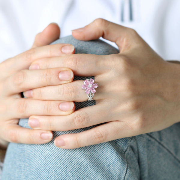 925 Sterling Silver Floral Pink Quartz Ring: Pink Gemstone Cottagecore Ring