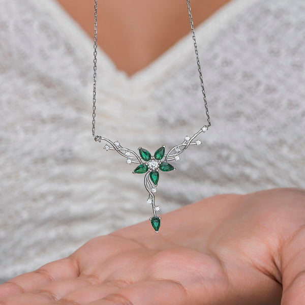 925K Sterling Silver Dainty Emerald Flower Necklace: Nature Inspired Flower Pendant, Whimsical Necklace,