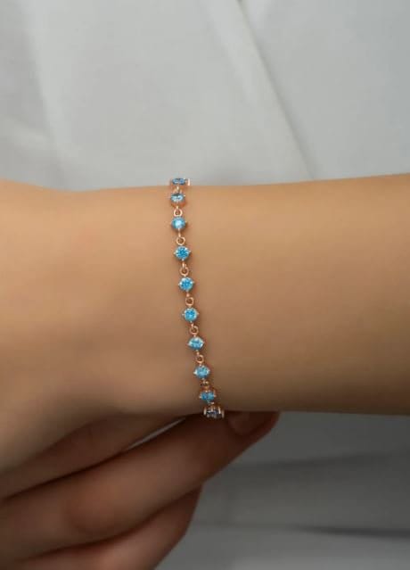 925K Sterling Silver Aquamarine Tennis Bracelet: Adjustable Natural Stone Bracelet,