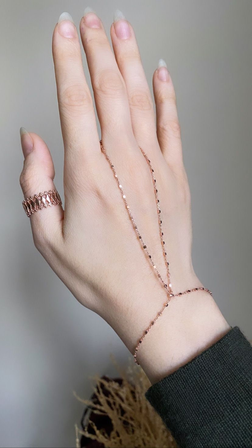 Minimalist Hand Chain Bracelet: Dainty Finger Bracelet for Women in 925K Sterling Silver or Solid Gold Options