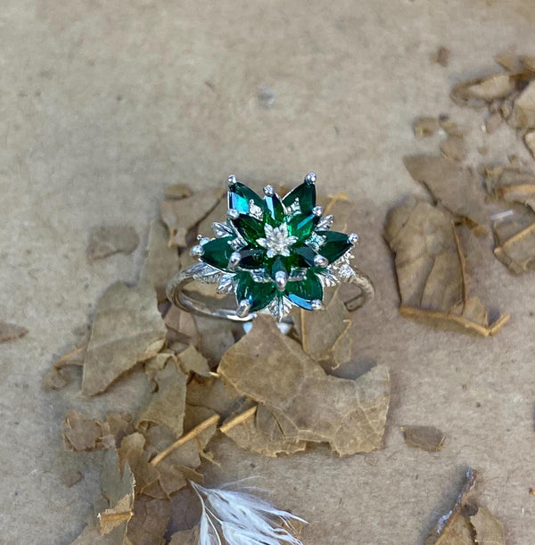 Green Emerald Lotus Flower Ring: 925K Sterling Silver May Birthstone Lotus Flower, Christmas Gifts