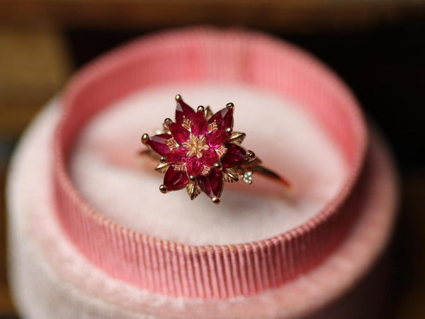Ruby Lotus Ring, Gift for Mom Wife Girlfriend, July Birthstone Promise Ring, Meaningful Red Gemstone Engagement Ring