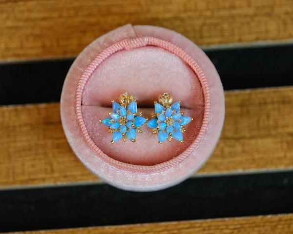 Blue Opal Lotus Stud Earring, Gift for Mom, Minimalist Flower Earrings, Opal Birthstone Jewelry, Dainty Everyday Earrings, Mother's Day Gift