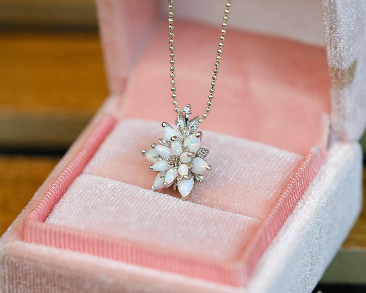 Opal Lotus Flower Necklace: 925K Silver Bohemian Lotus Charm Pendant, Dainty Lotus Pendant