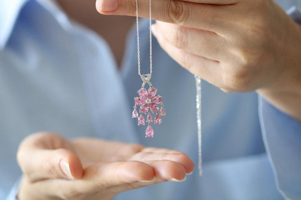 Solid Gold Rose Quartz Magnolia Flower Necklace: Pink Gemstone Necklace, Nature Inspired Jewelry