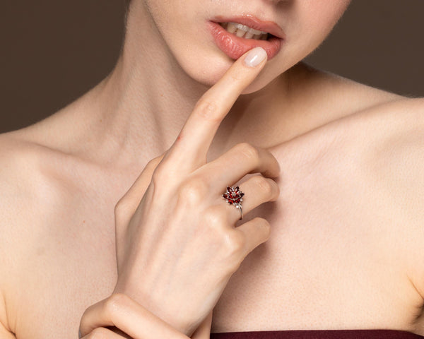 Garnet Lotus Ring, January Birthstone Ring, Red Gemstone Flower Ring, Romantic Dainty Ring, Gift for Mom Jewelry, Promise Ring,