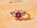 Ruby Lotus Flower Ring with White Zircon – Floral Engagement Ring, July Birthstone Lotus Ring, Romantic Promise Ring Gift for Her