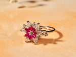 Ruby Lotus Flower Ring with White Zircon – Floral Engagement Ring, July Birthstone Lotus Ring, Romantic Promise Ring Gift for Her